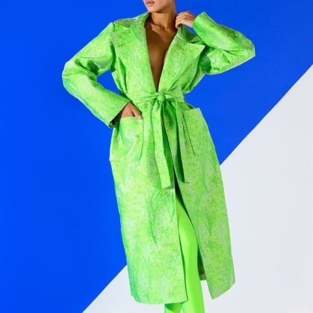 Callie Culture Clash: Neon Tapestry Classic Brocade Trench Coat - Picture 10 of 10
